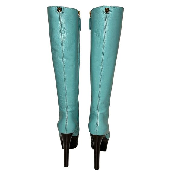 Gucci Aquamarine Teal Angel Feline Head Platform Knee High Zip Up Boot EU 36.5 - Picture 7 of 14